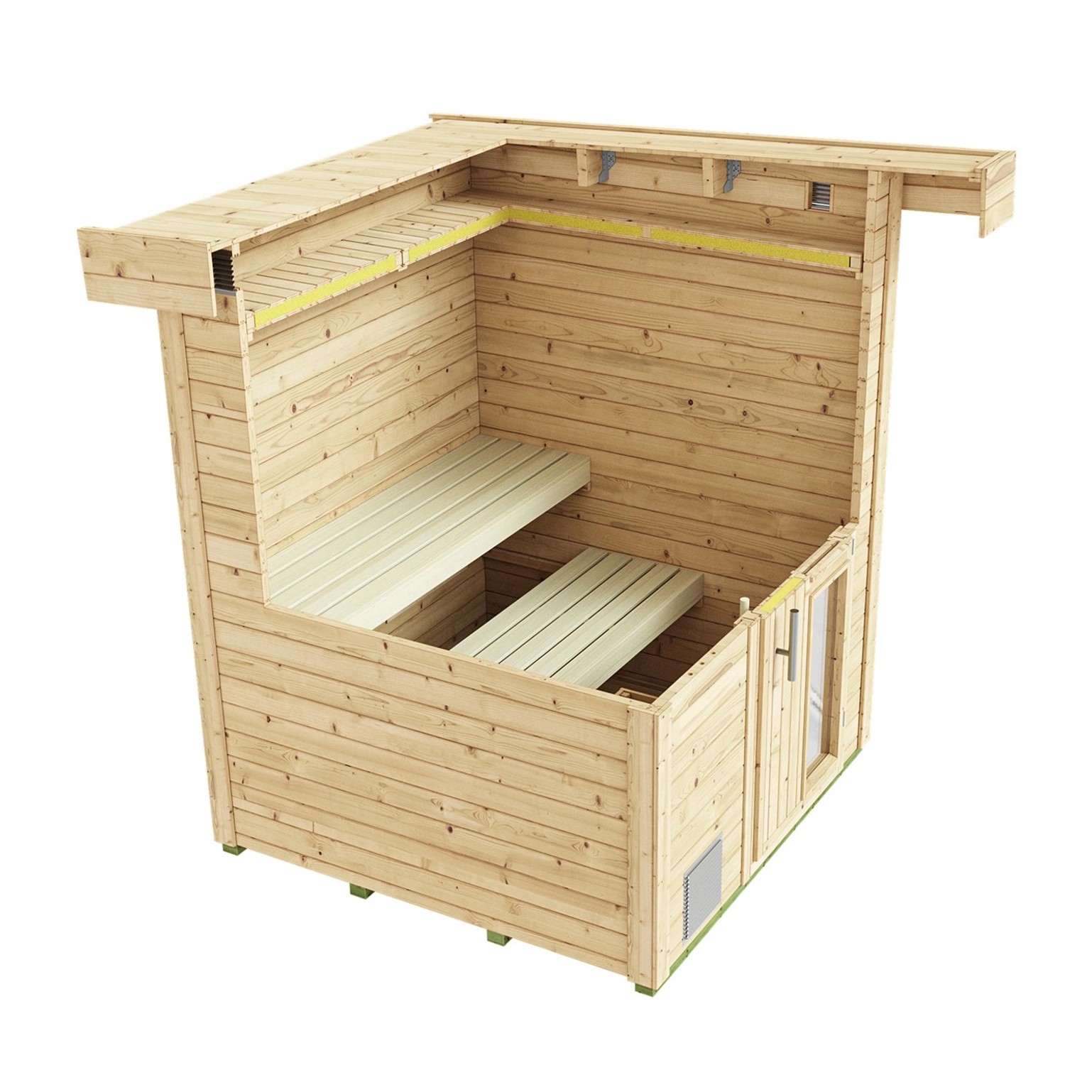 Weka Saunahaus Naantali Sparset, 9 kW Ofen, naturbelassenes Holz, mit Liegen und Kopfstützen.