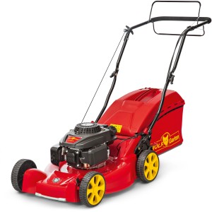 Roter Wolf-Garten A 5300 A Benzin-Rasenmäher mit gelben Rädern und Fangkorb.