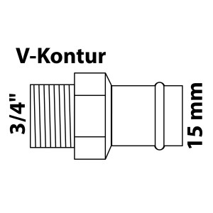 Abbildung eines RG-Übergangsnippels von Kirchhoff, 15 mm x 26,4 mm (3/4 AG), Muffe, blank, für Pressfittings.