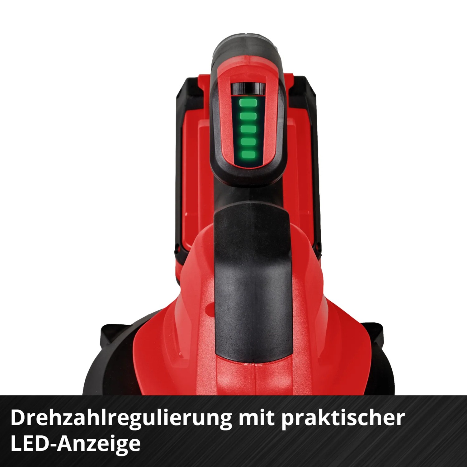 Einhell Akku-Laubbläser: Detailaufnahme der LED-Anzeige für die Drehzahlregulierung.