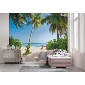Komar Fototapete Vlies Palmy Beach mit Palmen, Strand und Meer, 300x250 cm.