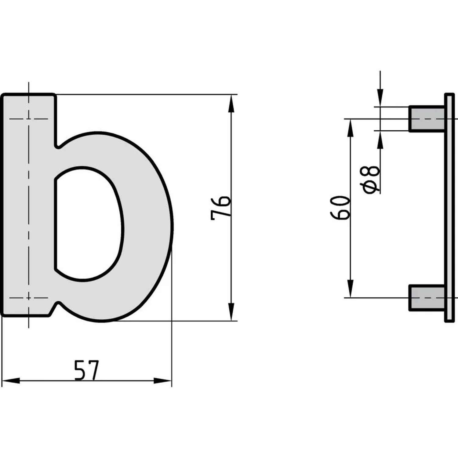 Technische Zeichnung Basi Buchstabe b aus Anthrazit Stahl. Maße 76x57mm. Hausnummern Beschlag für Fassade.