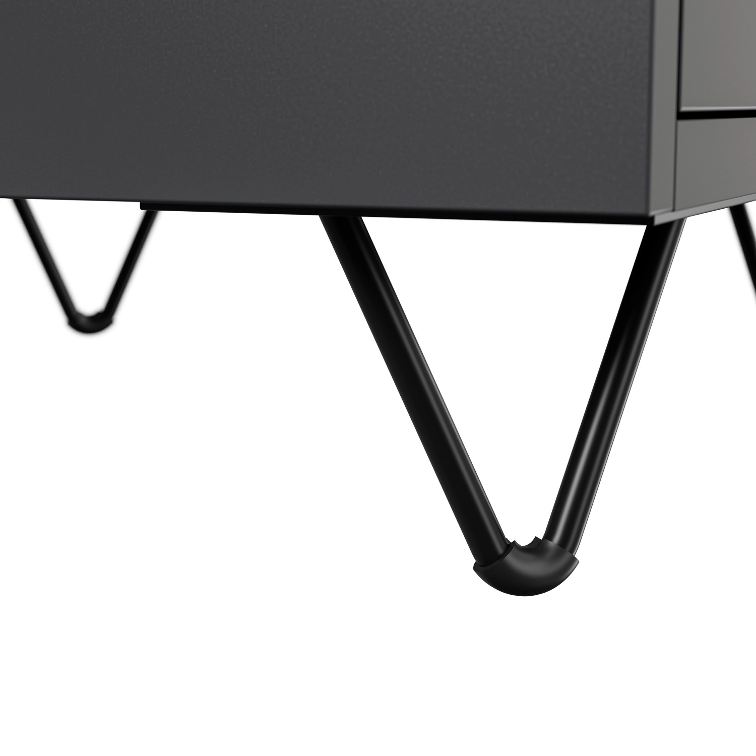 Detailansicht: Grafitfarbener Posseik Nachttisch Industrial mit Hairpin-Füßen.