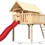 Karibu Stelzenhaus Fidel Set mit roter Rutsche und Leiter aus Holz, naturbelassen.