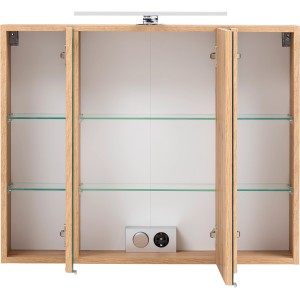 Geöffneter Held Möbel 3D-Spiegelschrank Salerno 80 cm in Wotaneiche mit Glasböden und Aufsatzleuchte.