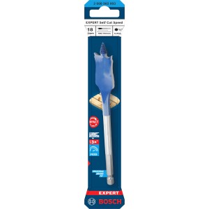 Bosch Flachfräsbohrer Expert Self Cut Speed, 18 mm, blau-silber, in Verpackung.