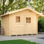 Unbehandeltes Weka Holz-Gartenhaus Brescia mit Satteldach, 300x370 cm, im Garten.