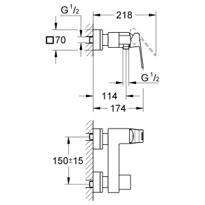 Technische Zeichnung der Grohe Eurocube Einhand-Brausebatterie DN 15 mit Maßangaben für die Installation.
