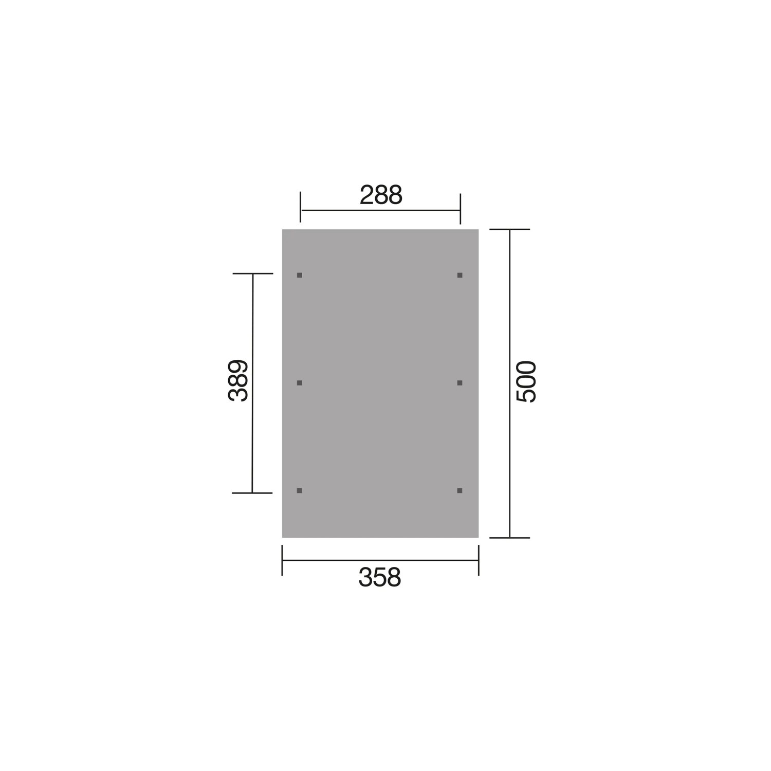 Grundriss Weka Einzelcarport 611 mit Satteldach, Maße: 288x389 cm, Pfostenabstand 500x358 cm.