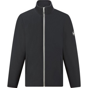 Schwarze Fleece-Jacke für Arbeitsbekleidung mit Stehkragen, silbernem Reißverschluss und zwei Seitentaschen.