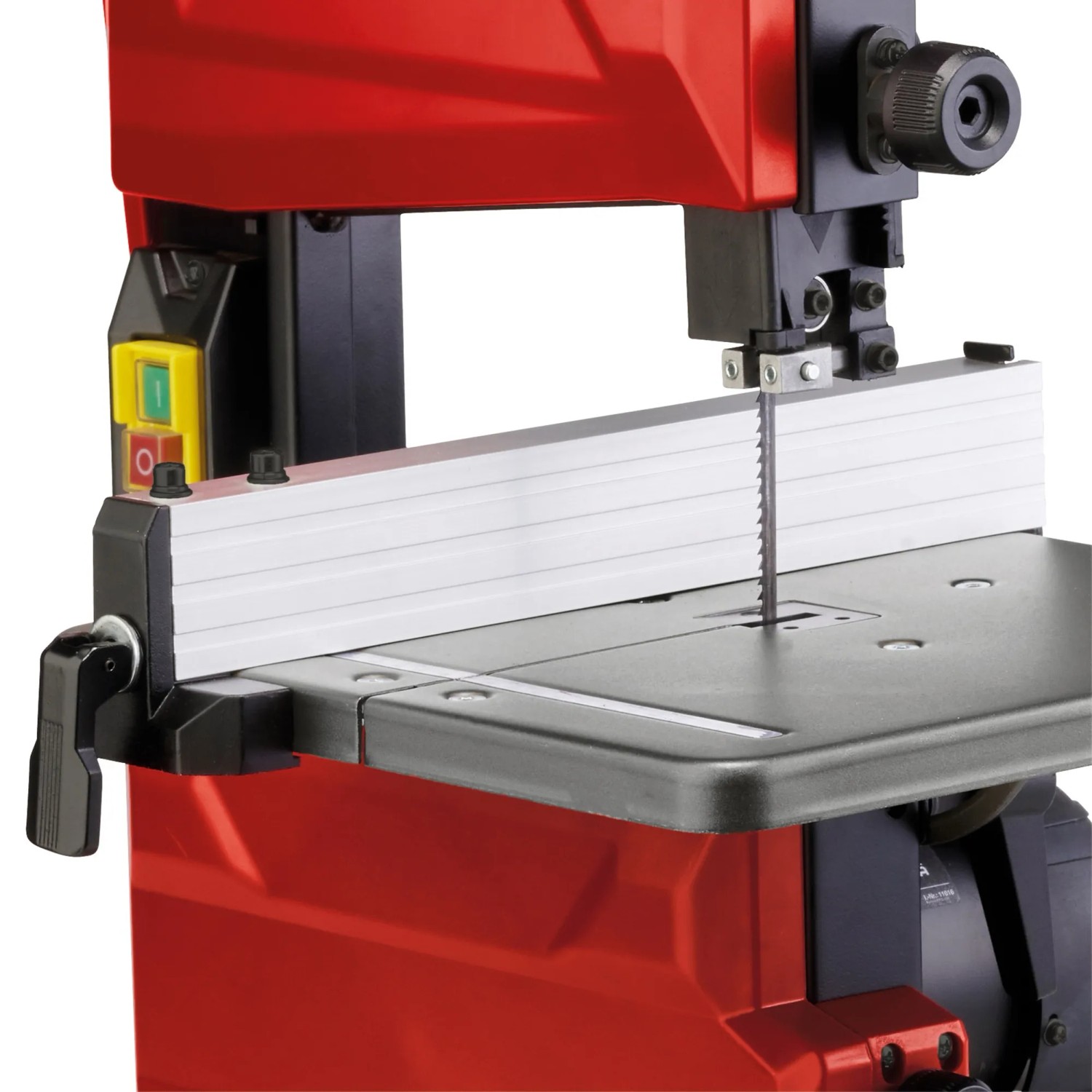 Einhell Bandsäge TC-SB 200/1: Rote Bandsäge mit Sägeblatt und Tisch für präzise Schnitte.