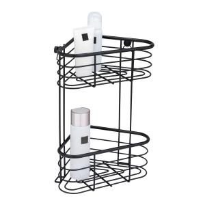 Schwarzes Wenko Eckregal Trestina mit 2 Ablagen aus Edelstahl, ideal für Badutensilien.