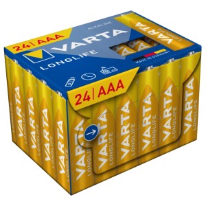 Gelb-blaue Varta LONGLIFE Micro AAA Alkaline Batterien, 24er Pack. Wiederverschließbare Verpackung für Fernbedienungen, Uhren.