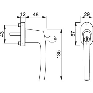 Technische Zeichnung: AnsaPro Fenstergriff D/K mit Druckknopf, weiße Ausführung, Maße in mm.