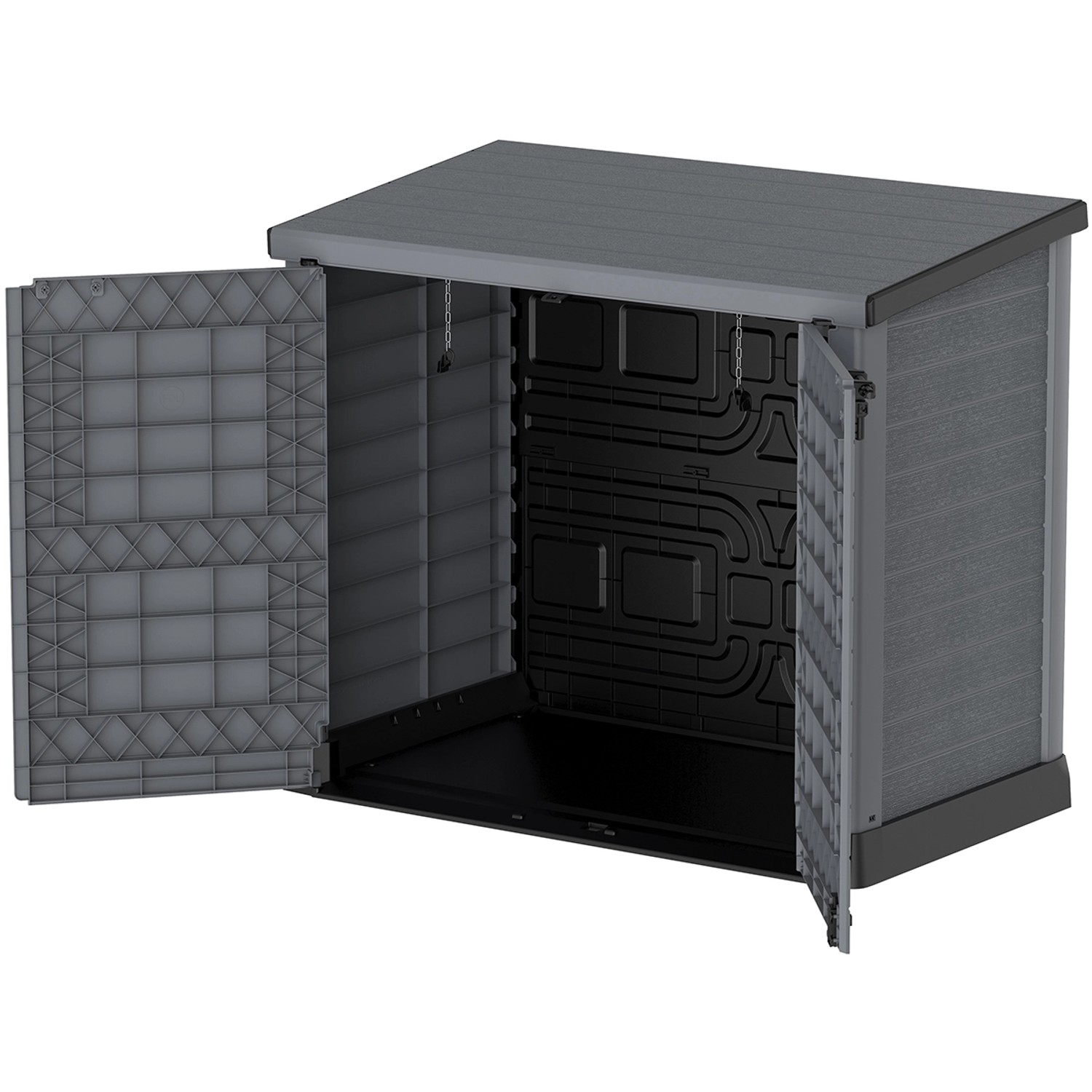 Geöffnete, anthrazitfarbene Duramax StoreAway Universalbox (1200 l) aus Kunststoff.