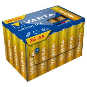 24 Varta Longlife Mignon AA Alkalibatterien, gold-gelb, in blauer wiederverschließbarer Verpackung.