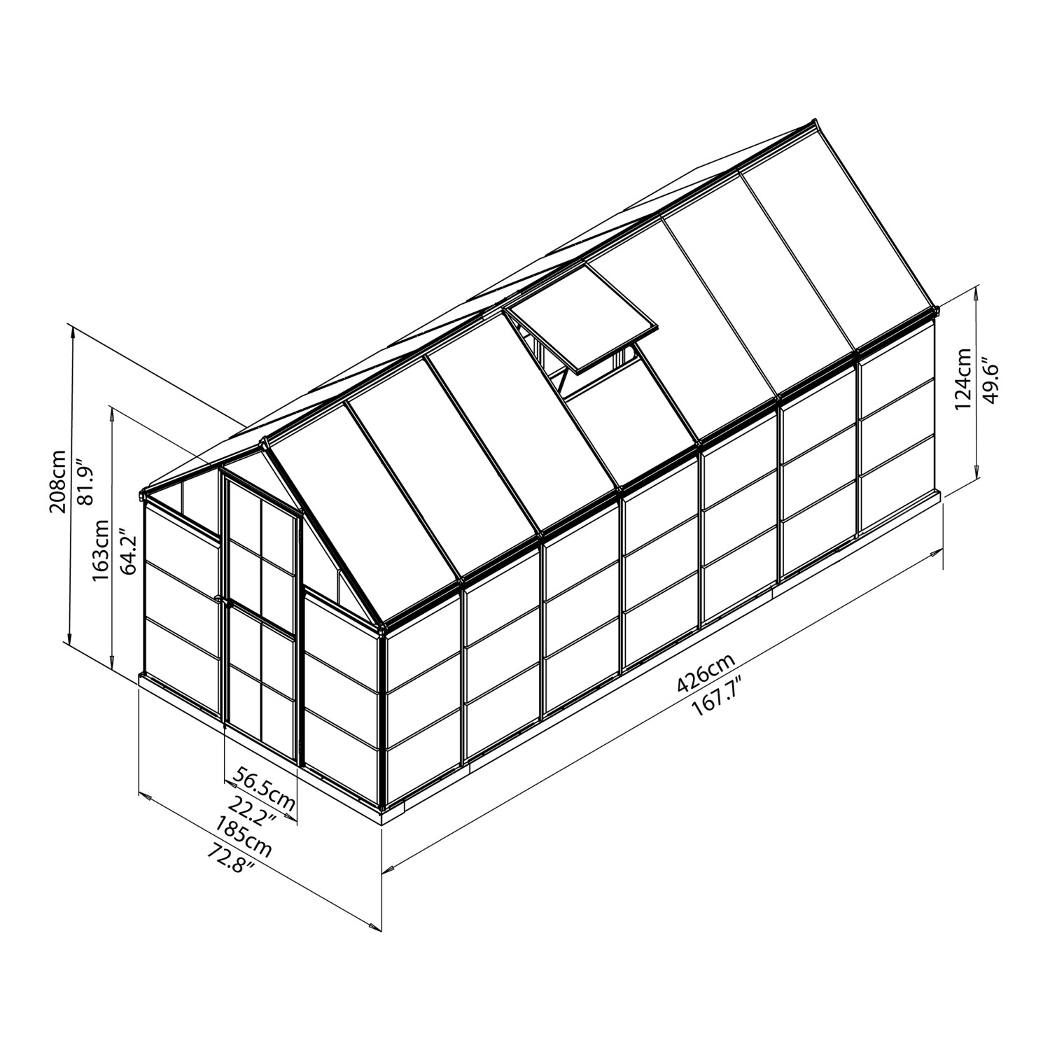 Technische Zeichnung: Palram Canopia Hybrid 4.3 x 1.9 Gewächshaus, Maße und Details.