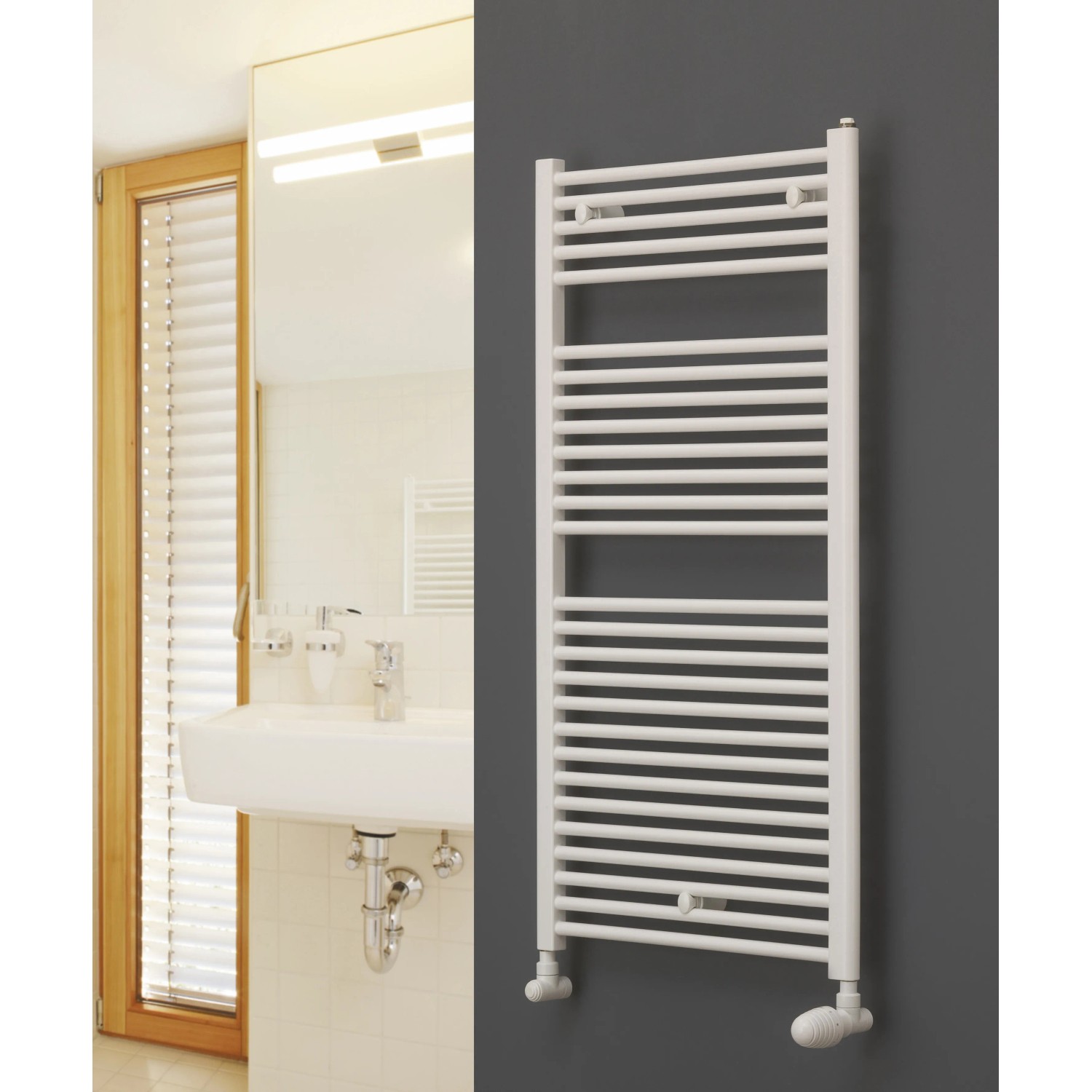 Weißer Ximax Badheizkörper Tip (1691x600 mm, 921 Watt) im Badezimmer.