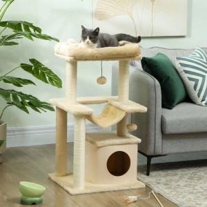 PawHut Kratzbaum aus Holz in Beige mit Plüsch, Sisalstämmen, Höhle, Hängematte und Katze auf oberer Liegefläche.