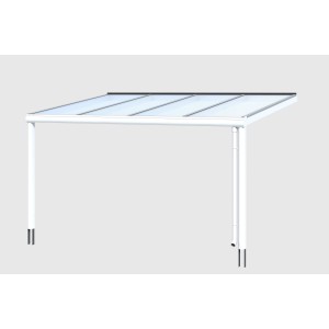 Weiße Terrassenüberdachung Genua aus Aluminium mit klarer Doppelstegplatte, 434 x 357 cm.