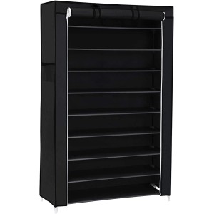 Schwarzes Songmics Schuhregal mit 10 Ebenen und staubdichter Abdeckung.