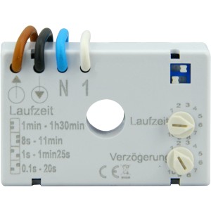 Graues Unterputz Nachlaufrelais IP20 mit Drehreglern und Kabelanschlüssen für Verteiler-Zubehör.