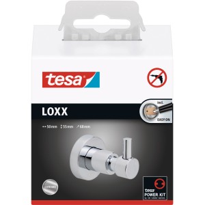 Verchromter tesa® LOXX Mantelhaken mit Klebelösung in Verpackung. Handtuchhalter für Bad ohne Bohren.