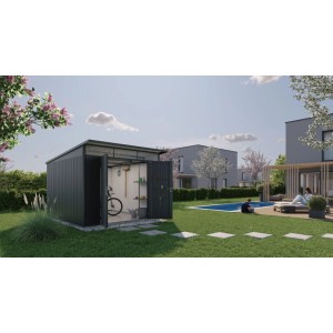 Dunkelgraues Biohort Metall-Gerätehaus AvantGarde mit offener Doppeltür, Fahrrad und Werkzeugen im modernen Garten.