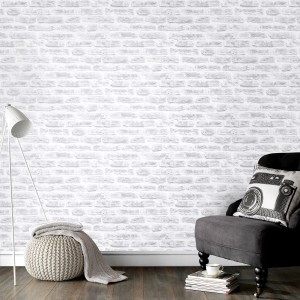 Superfresco Easy Vliestapete Realistic Brick White mit Backsteinmuster in Weiß und Grau.