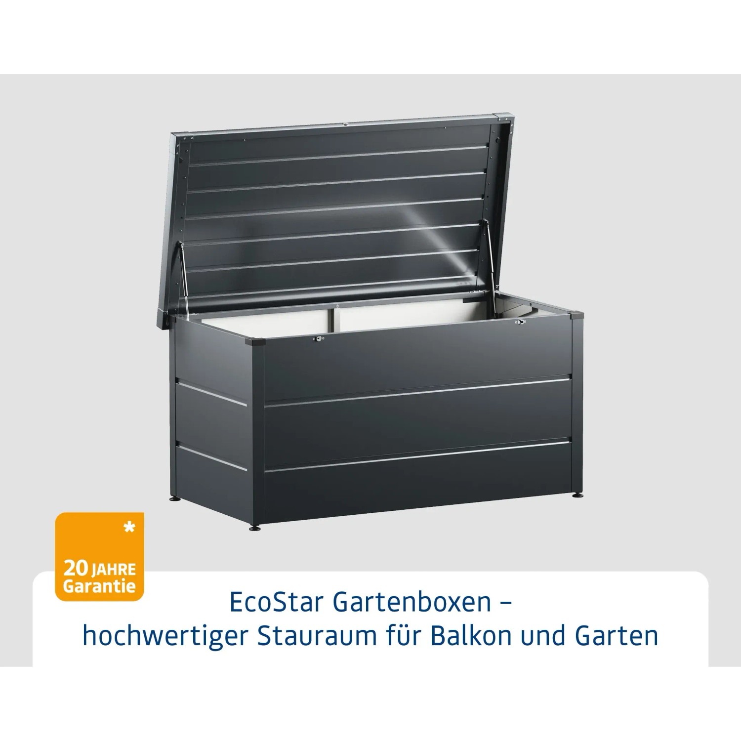 Geöffnete EcoStar Gartenbox Elegant, anthrazitgrau, zur Aufbewahrung im Garten.