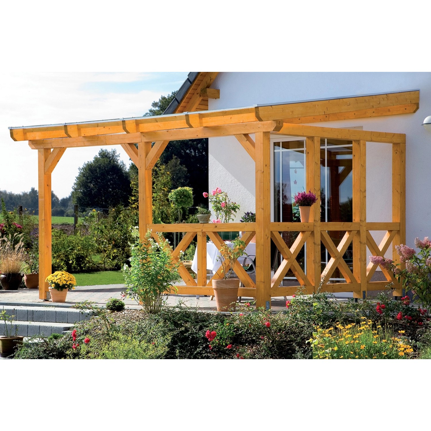 Skan Holz Seitenwand Andreaskreuz, Fichte weiß, für Terrassenüberdachung.