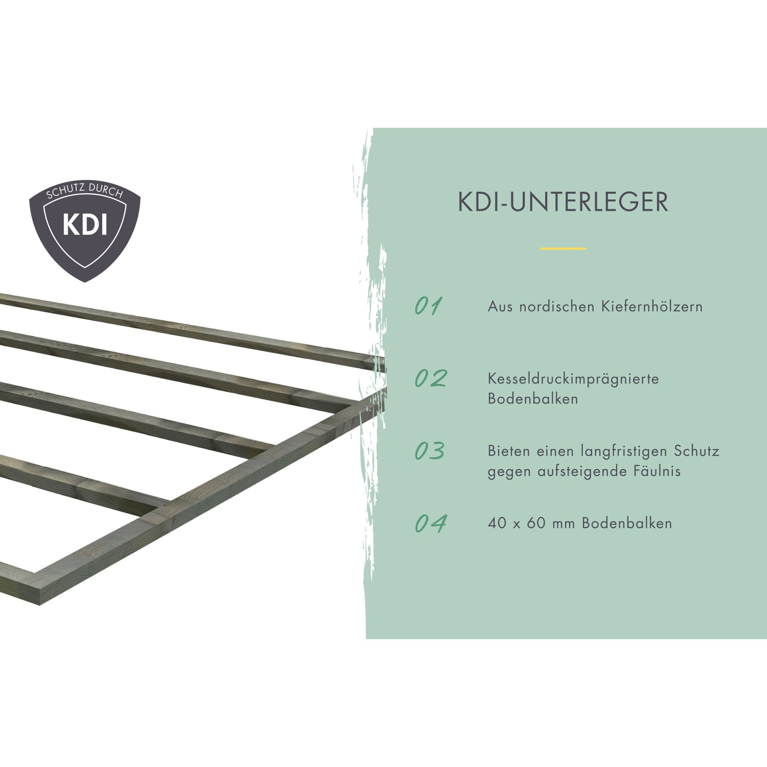 KDI-Unterleger für Karibu Gartenhaus Glostrup: Kesseldruckimprägnierte Bodenbalken aus Kiefernholz für optimalen Schutz.