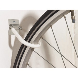 Verzinkter Fahrradhaken zur Wandmontage, hält ein Fahrradrad.