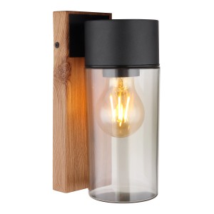 Globo Etsi Außenleuchte: Edelstahl, Holzoptik dunkel, zylindrischer Glasschirm, E27 Fassung.