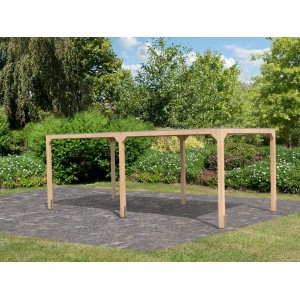 Karibu Pavillon Set Fyrkant, naturbelassen, mit Verlängerung im Garten.