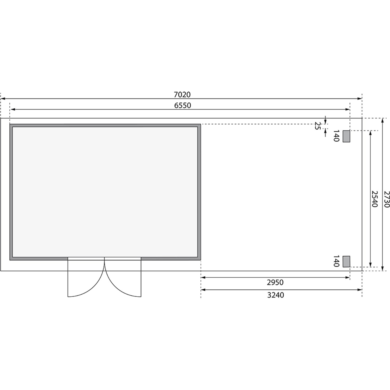 Grundriss Karibu Holz-Gartenhaus Kumla 7: Pultdach, unbehandelt, 360x240cm, mit Maßangaben.