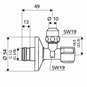 Technische Zeichnung: Schell Eckregulierventil Comfort, verchromt, Maße und Details.