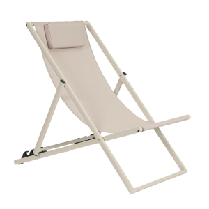 Bizzotto Liegestuhl Taylor, Gartenstuhl mit Textilbespannung in hellem Beige und Kopfkissen.