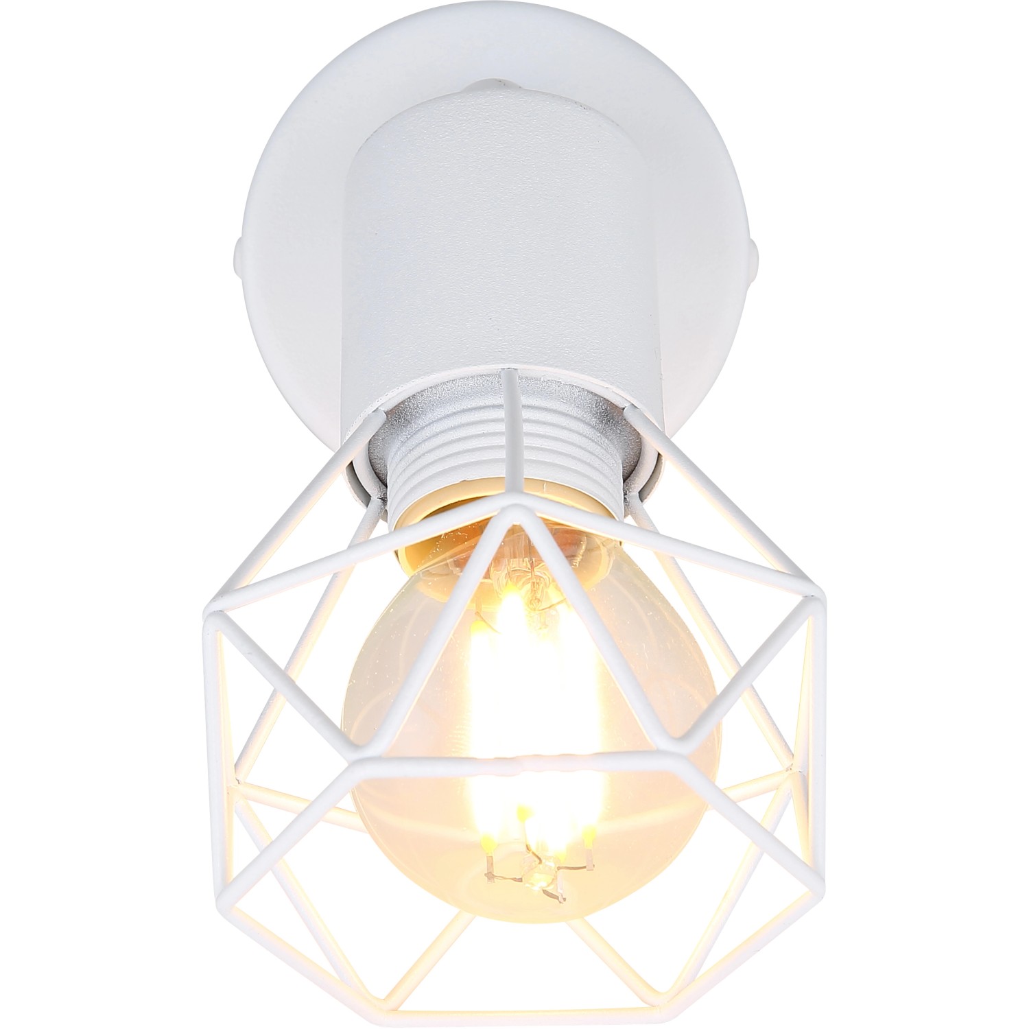 Weißer Globo Spot Xara I mit E14 Fassung und diamantförmigem Metallkäfig.