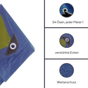 Perel Abdeckplane blau/khaki, 12x15m. Wasserdichte Schutzhülle mit verstärkten Ecken und Ösen für Wetterschutz.