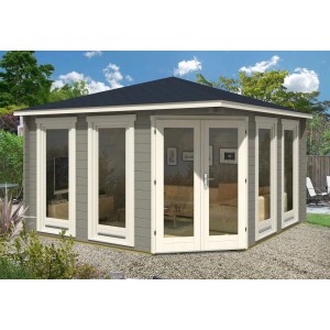 Alpholz 5-Eck Gartenhaus Maja mit Spitzdach, imprägniert, 425x425 cm. Holz-Gartenhaus mit vielen Fenstern.