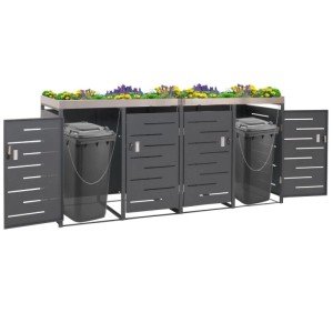 MCW 4er-Mülltonnenbox H40, 125x264x84cm, anthrazit, mit Pflanzkasten und zwei Mülltonnen.