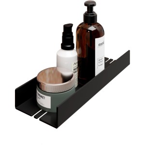 Schwarze Schulte Duschablage Größe S mit Pflegeprodukten.