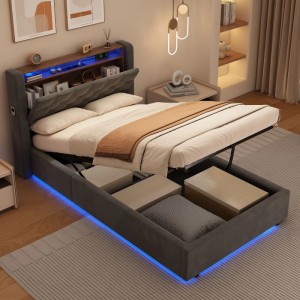 okwish Polsterbett mit LED-Beleuchtung Jugendbett 90x200cm Dunkelgrau