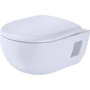Weißes Geberit Renova Premium Wand-WC-Set mit spülrandlosem Tiefspüler und WC-Sitz.