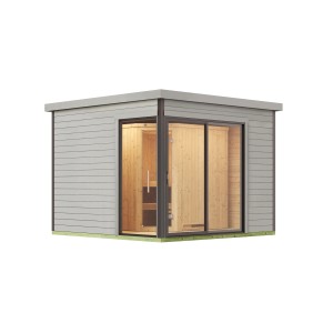 Modernes Design-Saunahaus 412 Sparset in Hellgrau mit Glasschiebetür und Saunaofen.