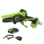 Greenworks Akku-Kettensäge-Set CS1032GA2 mit 10 cm Schwert, Akku und Ladegerät.