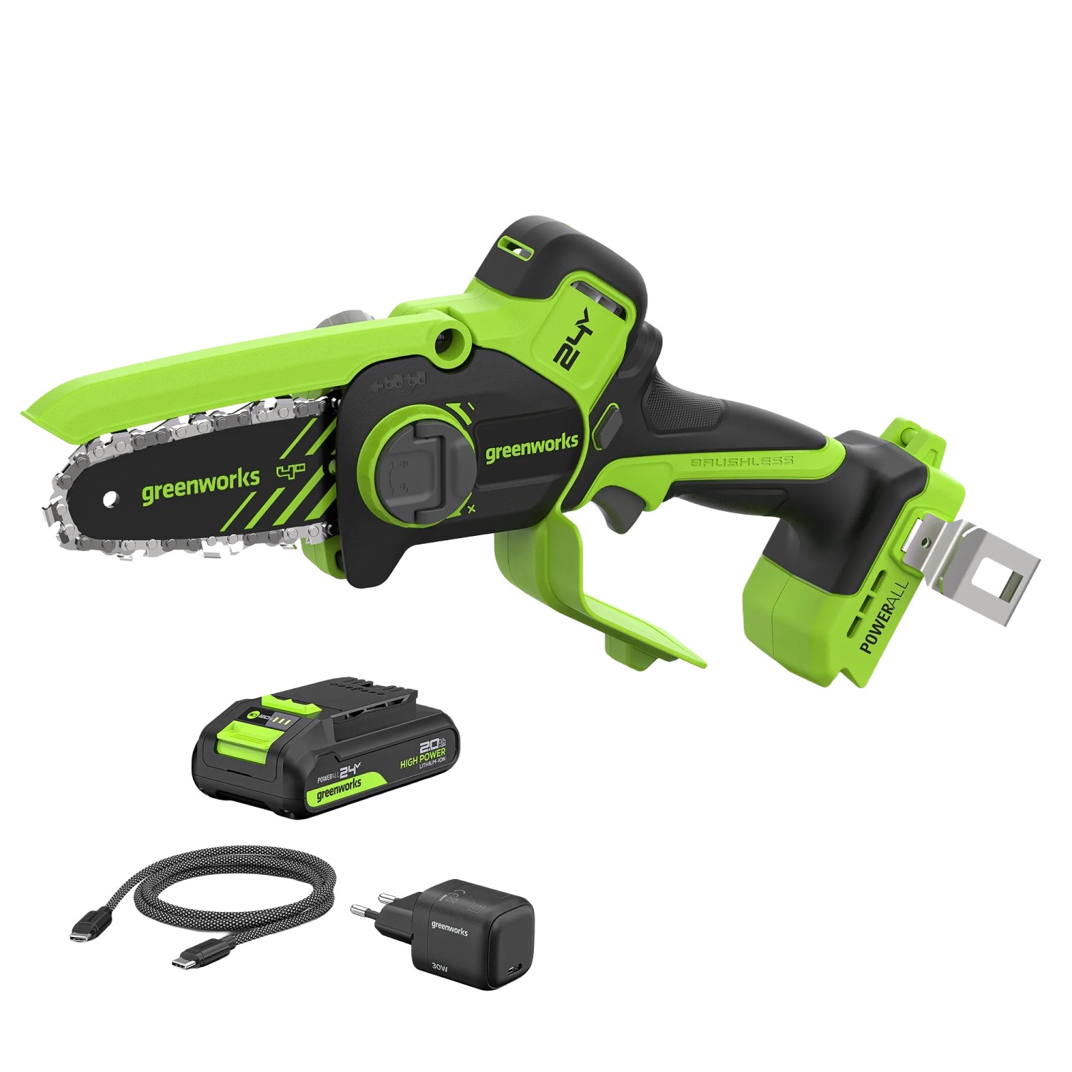 Greenworks Akku-Kettensäge-Set CS1032GA2 mit 10 cm Schwert, Akku und Ladegerät.