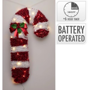 Leuchtender Zuckerstangen-Türhänger mit Schleife, rot-weiß, batteriebetrieben, als festliche Gartendeko.