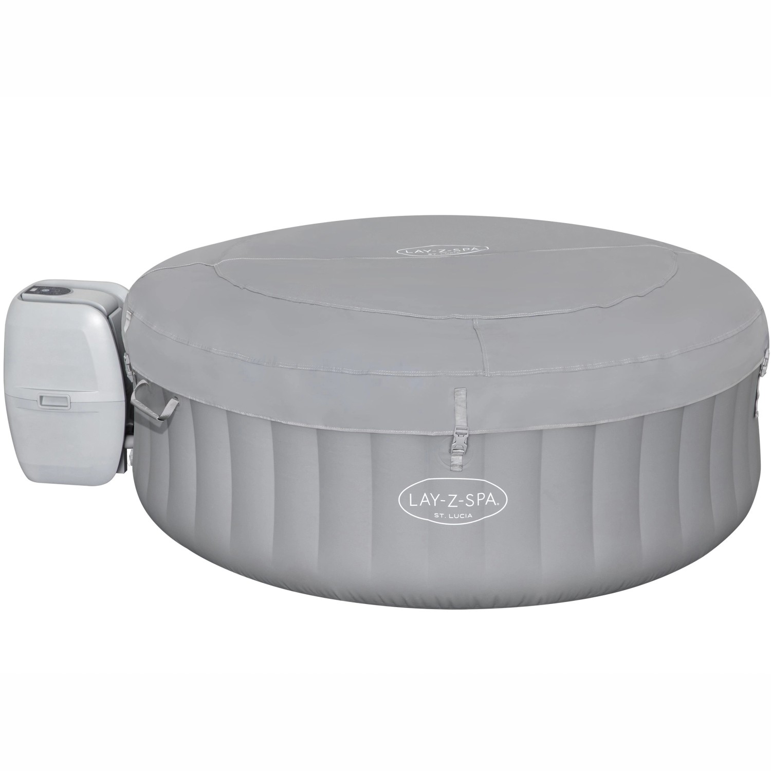 Grauer Bestway Lay-Z-Spa St. Lucia AirJet Whirlpool mit Abdeckung und Pumpe.